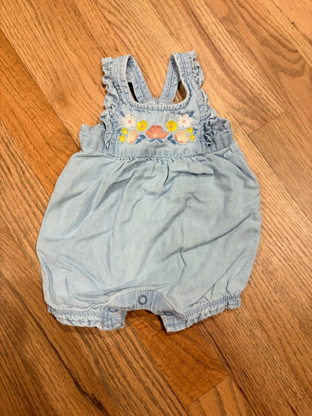Carter’s baby girl denim romper with floral embroidering